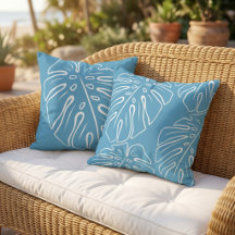White Tropical Leaf Motif Light Summer Sky Blue