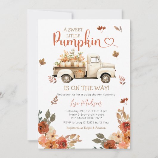 White Truck Pumpkin Baby Dusche Herbstlaube Einladung (Vorderseite)