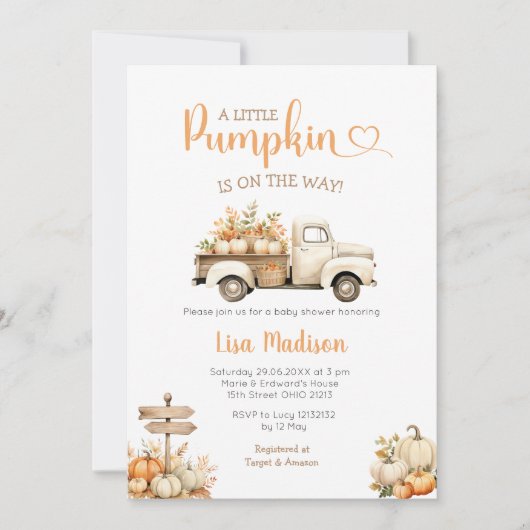 White Truck Pumpkin ist auf dem Weg Baby Shower Gi Einladung (Vorderseite)
