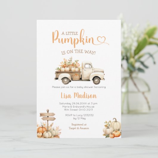 White Truck Pumpkin ist auf dem Weg Baby Shower Gi Einladung (Stehend Vorderseite)