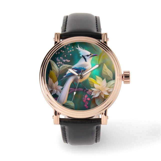 White Tufed Aquamarin Wing Jay Fantasy Bird Armbanduhr (Vorderseite)