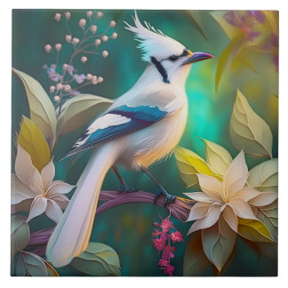 White Tufed Aquamarin Wing Jay Fantasy Bird Fliese
