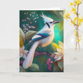 White Tufed Aquamarin Wing Jay Fantasy Bird Karte (Gelbe Blume)