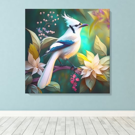 White Tufed Aquamarin Wing Jay Fantasy Bird Leinwanddruck (Insitu (Holzboden))
