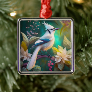 White Tufed Aquamarin Wing Jay Fantasy Bird Ornament Aus Metall