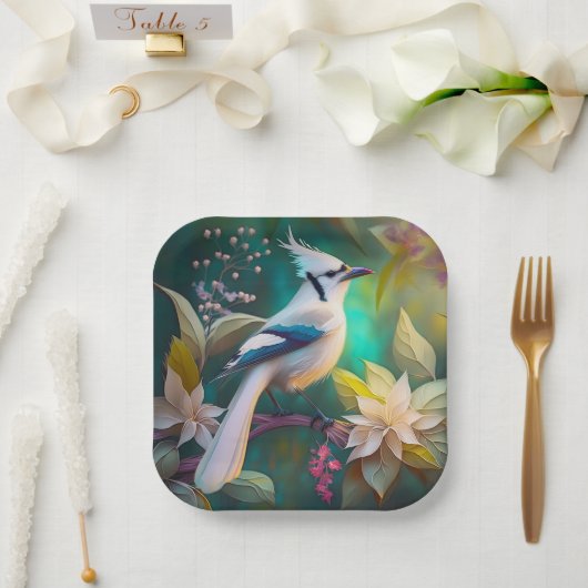 White Tufed Aquamarin Wing Jay Fantasy Bird Pappteller (Hochzeit)