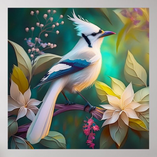 White Tufed Aquamarin Wing Jay Fantasy Bird Poster (Vorne)