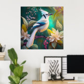 White Tufed Aquamarin Wing Jay Fantasy Bird Poster (Heimbüro)