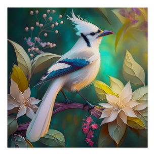 White Tufed Aquamarin Wing Jay Fantasy Bird Poster