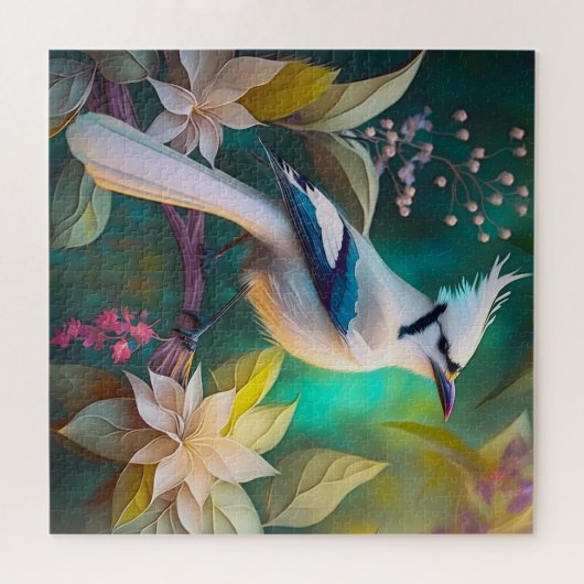 White Tufed Aquamarin Wing Jay Fantasy Bird Puzzle (Horizontal)