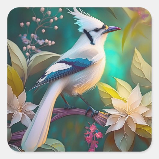 White Tufed Aquamarin Wing Jay Fantasy Bird Quadratischer Aufkleber (Vorderseite)