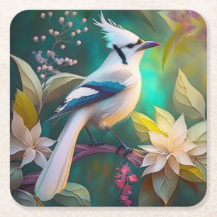 White Tufed Aquamarin Wing Jay Fantasy Bird Rechteckiger Pappuntersetzer