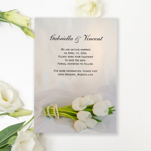 White Tulip Bouquet Spring Wedding Save the Date Einladung