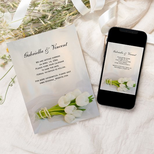 White Tulip Bouquet Spring Wedding Save the Date Einladung
