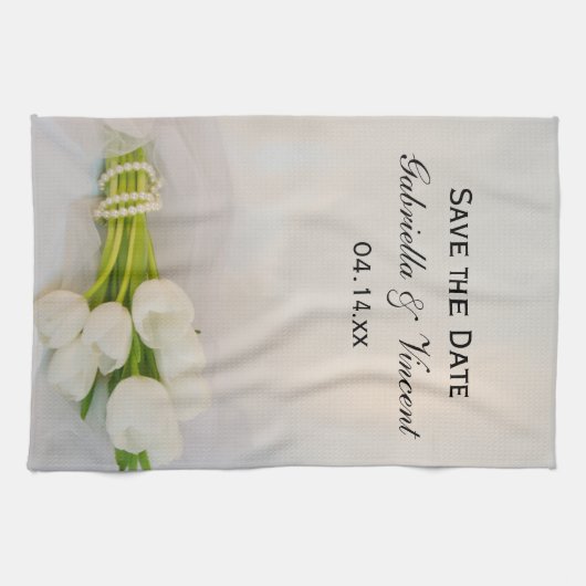 White Tulip Bouquet Spring Wedding Save the Date Geschirrtuch (Horizontal)