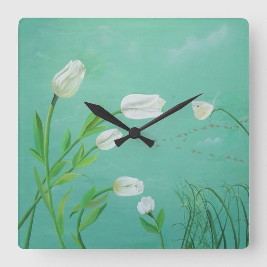 White Tulip Clock Quadratische Wanduhr (Vorderseite)