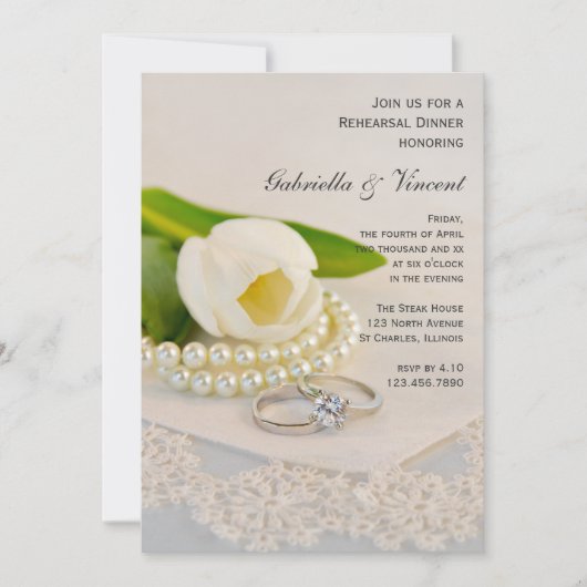 White Tulip, Pearls Rings Hochzeitsessen Probe Einladung (Vorderseite)