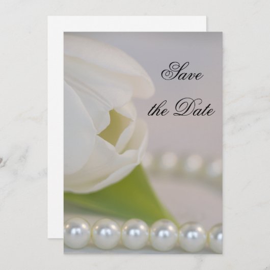 White Tulip Pearls Spring Wedding Save the Date (Vorne/Hinten)