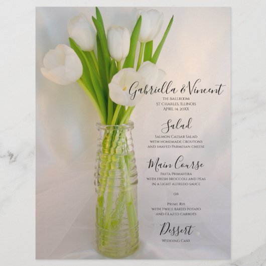 White Tulips in Milk Bottle Spring Wedding Menu (Vorderseite)