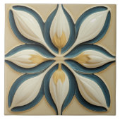 White Tulips on Blue Symmetric Art Deco Fliese (Vorderseite)