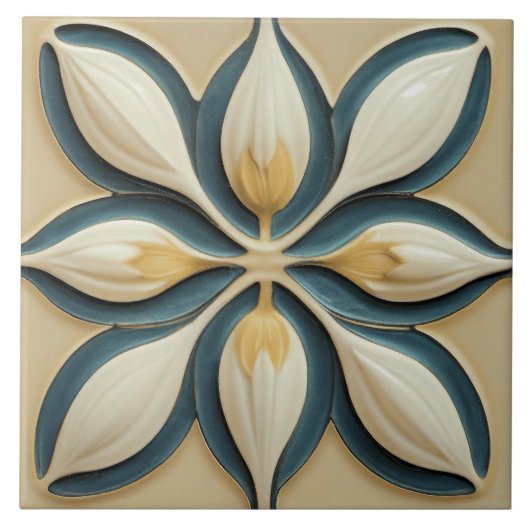 White Tulips on Blue Symmetric Art Deco Fliese (Vorderseite)