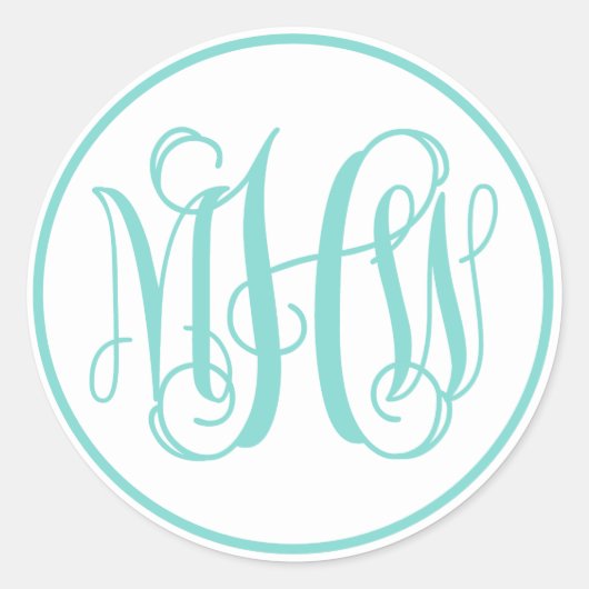 White Turq Aqua Vine Script Monogram, DIY BG Runder Aufkleber (Vorderseite)