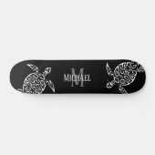 White Turtle Tribal Black Background Monogram Skateboard (Horizontal)
