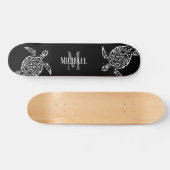 White Turtle Tribal Black Background Monogram Skateboard (Horizontal)