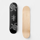White Turtle Tribal Black Background Monogram Skateboard (Vorderseite)