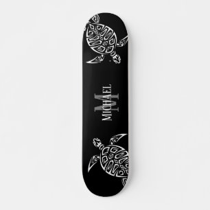 White Turtle Tribal Black Background Monogram Skateboard
