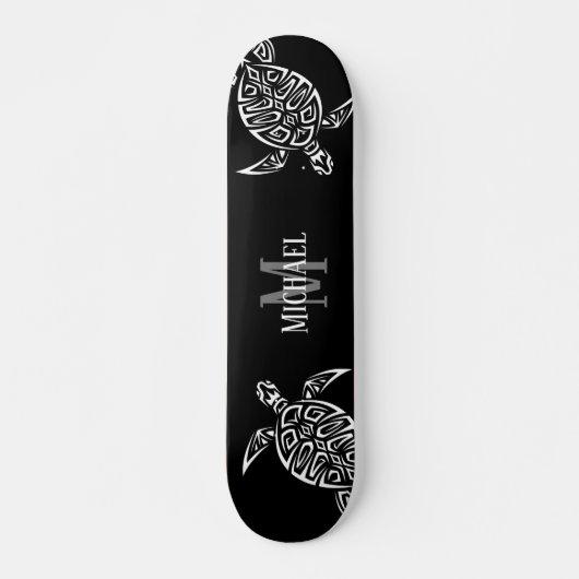 White Turtle Tribal Black Background Monogram Skateboard (Vorne)