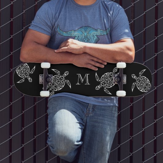 White Turtle Tribal Black Background Monogram Skateboard (Außenbereich 3)