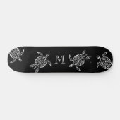 White Turtle Tribal Black Background Monogram Skateboard (Horizontal)