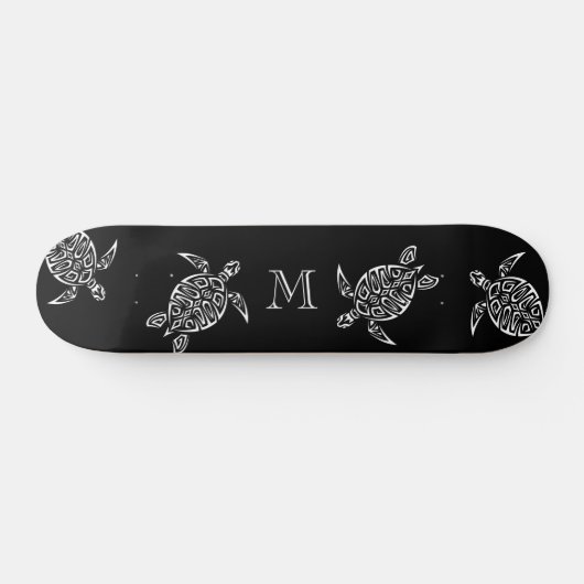 White Turtle Tribal Black Background Monogram Skateboard (Horizontal)