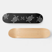 White Turtle Tribal Black Background Monogram   Skateboard (Horizontal)