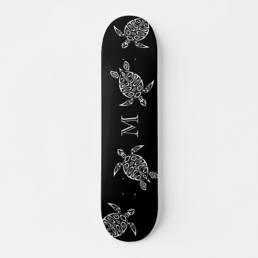 White Turtle Tribal Black Background Monogram Skateboard (Vorne)