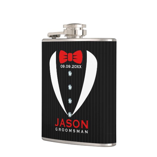 White Tuxedo Red BowTie & Trauzeuge Text Flachmann (Links)