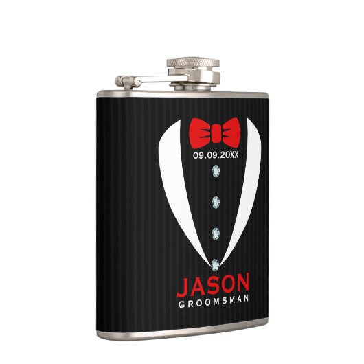 White Tuxedo Red BowTie & Trauzeuge Text Flachmann (Rechts)