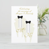White Tuxedo zwei Grooms Gay Wedding Einladung (Stehend Vorderseite)