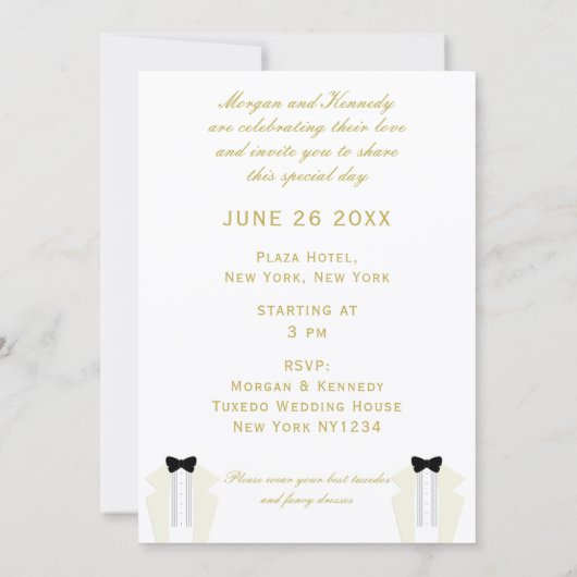 White Tuxedo zwei Grooms Gay Wedding Einladung (Rückseite)