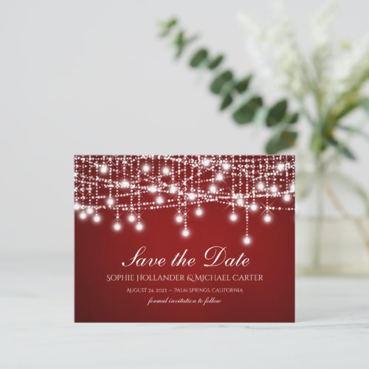 White Twinkle String Lights Save the Date rot Postkarte (Stehend Vorderseite)