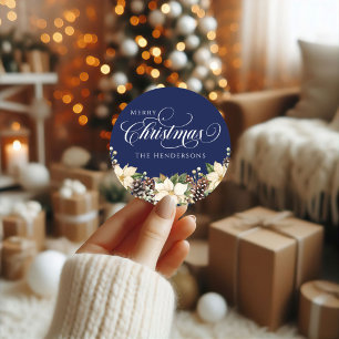 White Typografy Christmas Poinsettia blau Runder Aufkleber