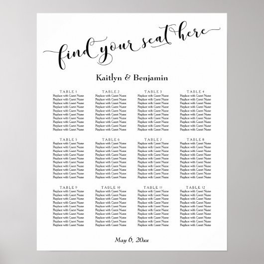 White Typografy Wedding Reception Seating Chart Poster (Vorne)