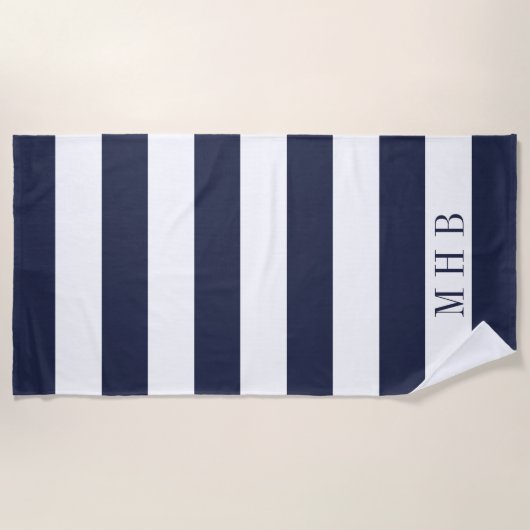 White und Midnight Blue Strip und Monogram Strandtuch (Vorderseite)