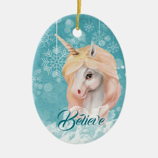 White Unicorn Aquamarin Snowflake Glaube Weihnacht Keramik Ornament (Vorne)