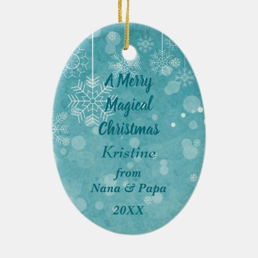 White Unicorn Aquamarin Snowflake Glaube Weihnacht Keramik Ornament (Hinten)