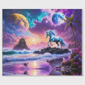White Unicorn Fantasy Tropical Beach Geschenkpapier (Flach)