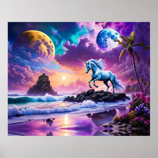 White Unicorn Fantasy Tropical Beach Poster (Vorne)