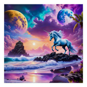White Unicorn Fantasy Tropical Beach Poster