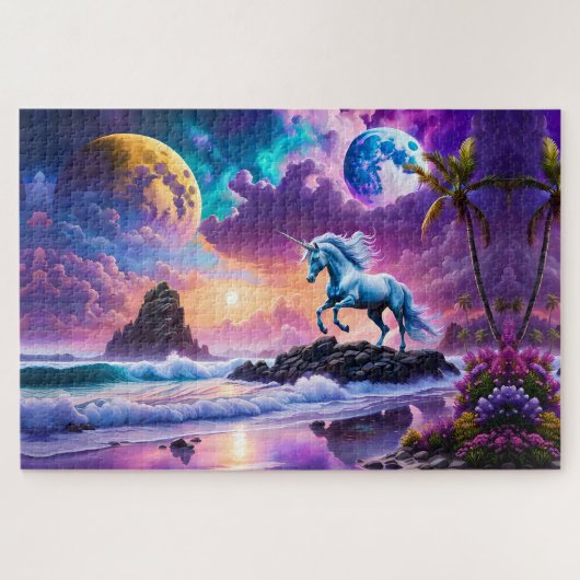 White Unicorn Fantasy Tropical Beach Puzzle (Horizontal)